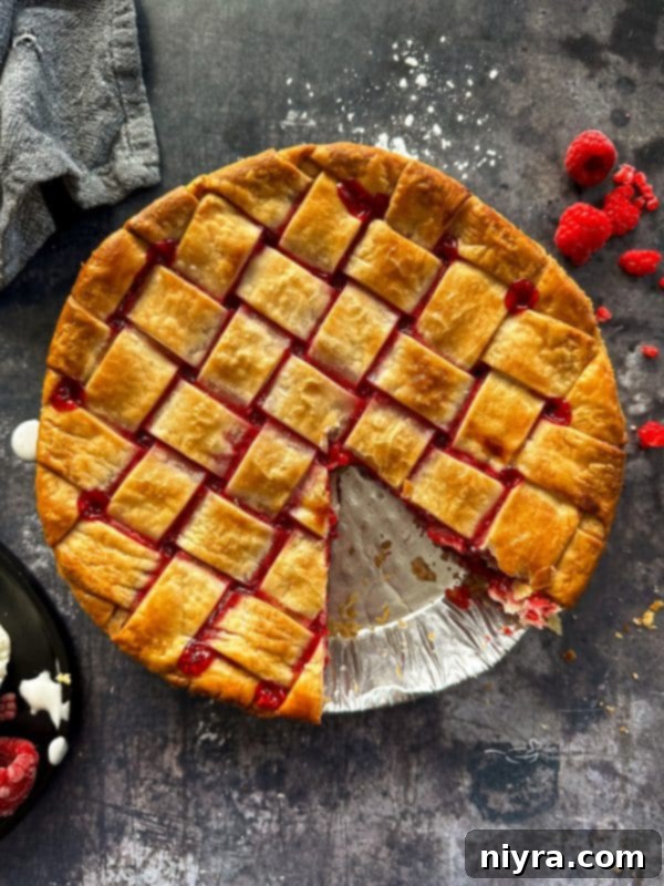 A close-up shot of the top of a fresh raspberry pie with a beautifully woven lattice crust, showing the vibrant red filling peeking through