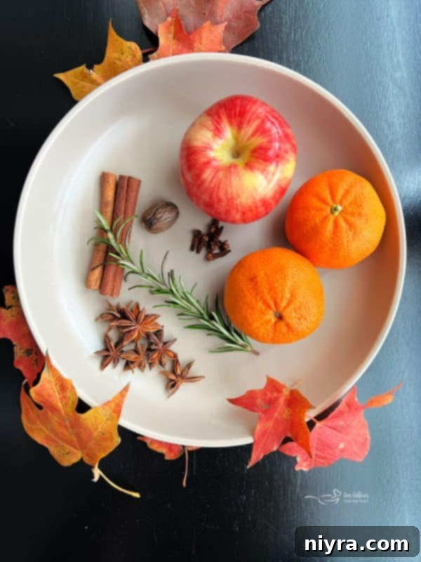 Autumn simmer pot ingredients in a glass pot, with whole oranges, apple slices, cinnamon sticks, and star anise prominent.