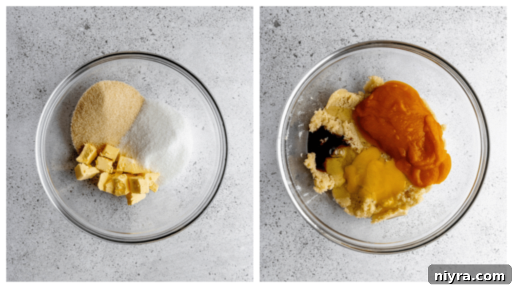 Mixing butter and sugars in a stand mixer