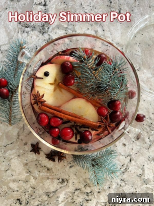 A beautifully decorated glass simmer pot with fresh holiday ingredients