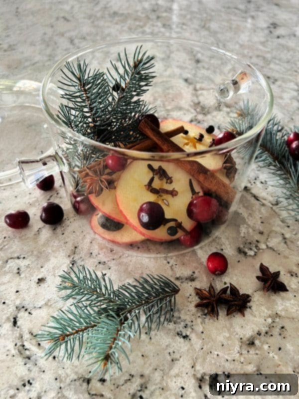 Close-up of a glass pot with holiday simmer pot ingredients
