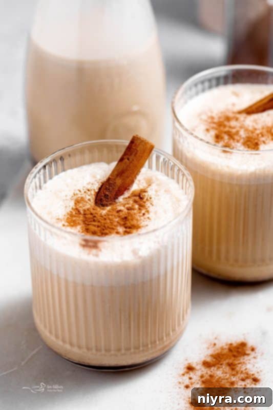 Homemade Blender Eggnog 2 A glass of homemade eggnog garnished with a cinnamon stick, ready for holiday celebrations.