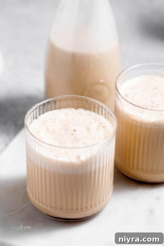 Homemade Blender Eggnog 16 A beautifully presented glass of homemade eggnog, ready to be enjoyed during the holidays.