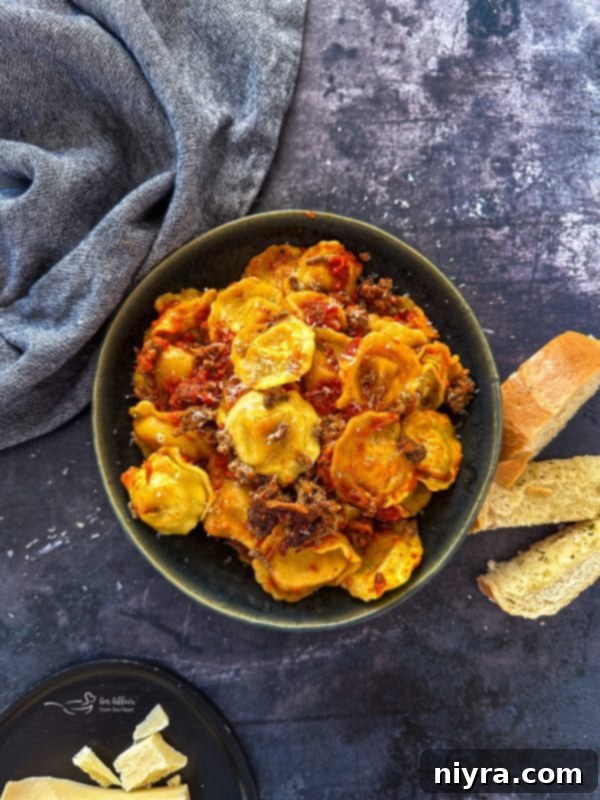A serving of delicious Slow Cooker Ravioli Lasagna, showing the rich sauce and melted cheese.