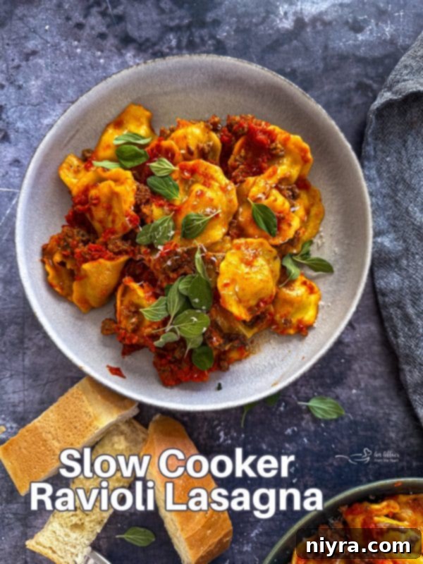 A wide shot of Slow Cooker Ravioli Lasagna ready to be served, emphasizing its appeal as a hero dish.