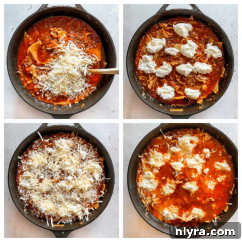Stirring cheese into skillet lasagna