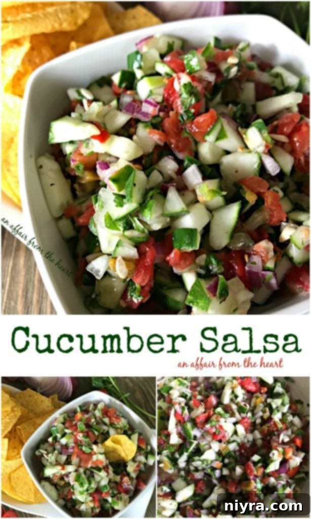 Pinterest triple image with text "cucumber salsa" featuring three different angles of the salsa dish.