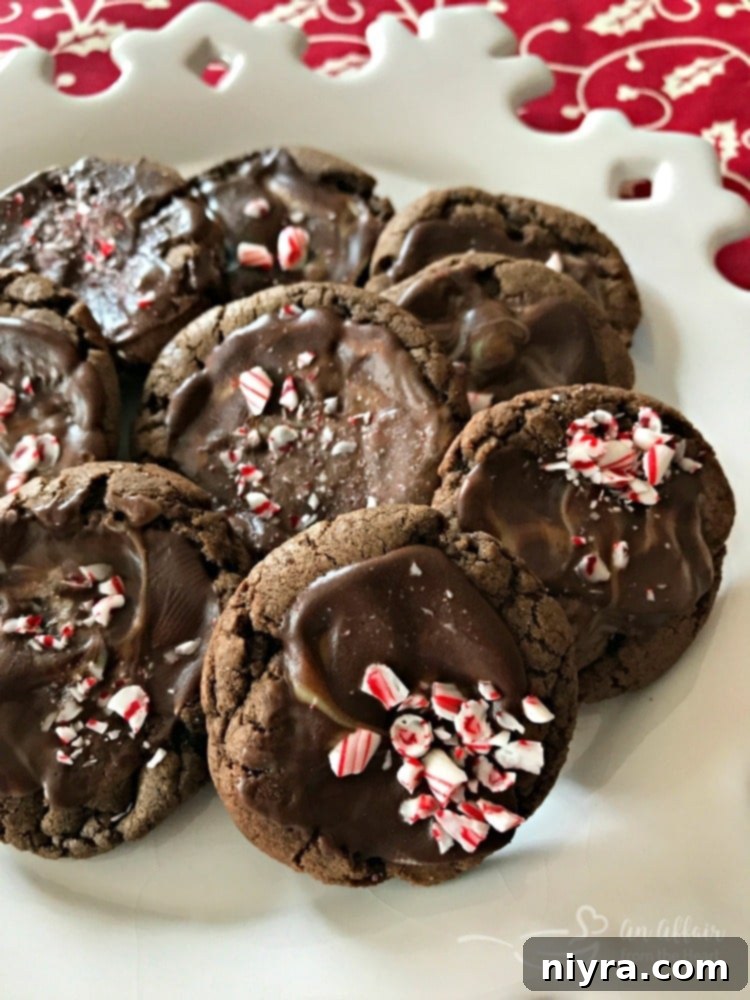close up Chocolate Mint Candy Cookies on a white platter