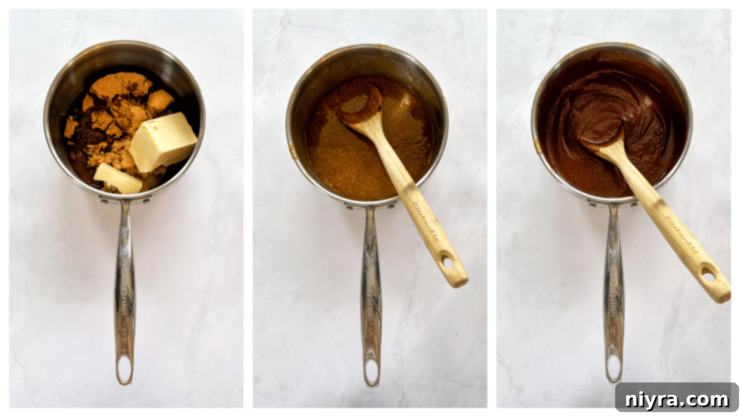 Sugar, butter, and water melting in a saucepan for chocolate mint cookies.