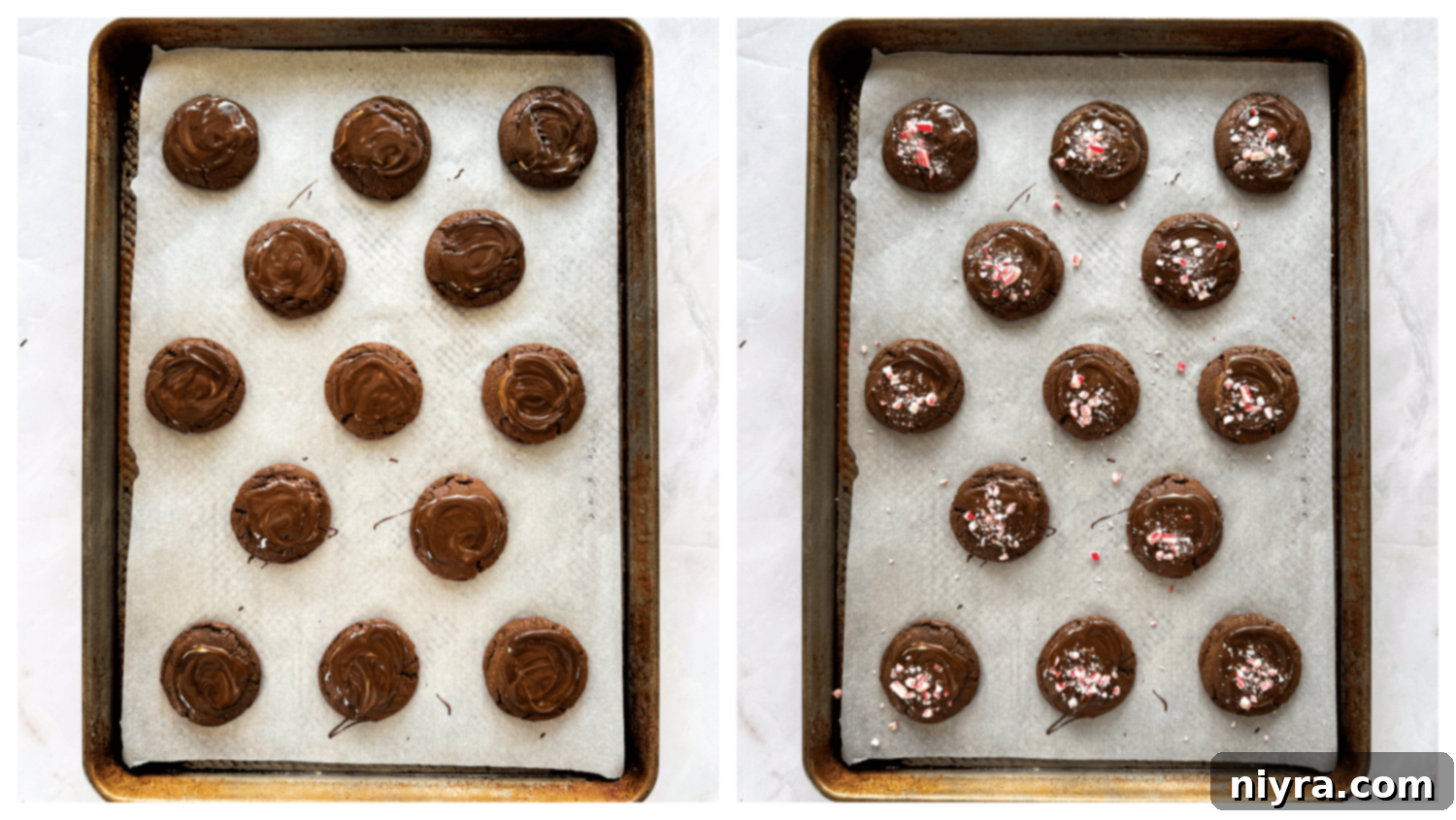 Andes Mints melting on warm Chocolate Mint Candies Cookies.