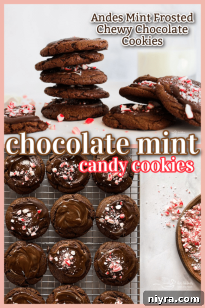 Close-up of a Chocolate Mint Candy Cookie, showing the rich chocolate and mint frosting.