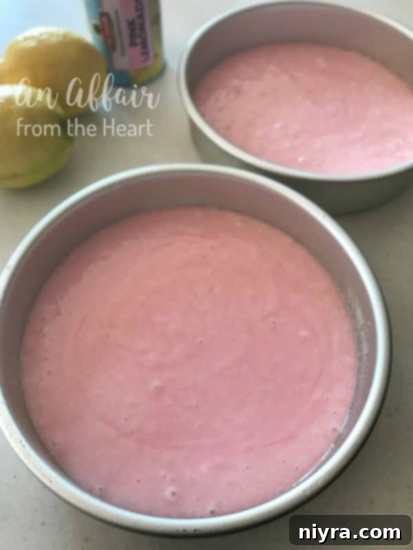Ingredients for Pink Lemonade Cake laid out on a clean kitchen counter, including cake mix, lemonade concentrate, butter, and eggs.