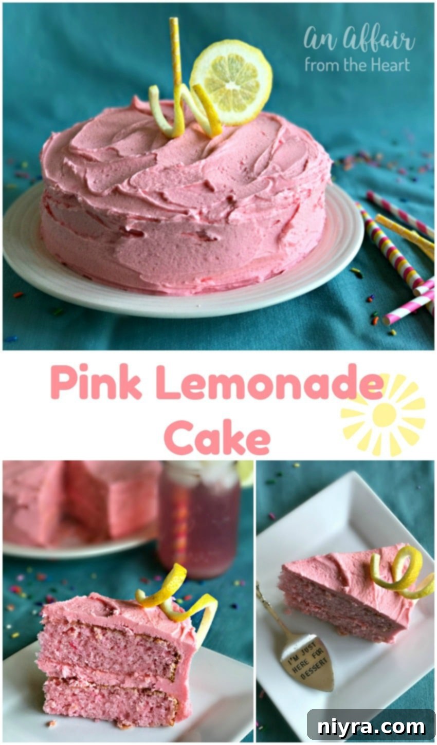 Whole Pink Lemonade Cake with smooth pink frosting, decorated with lemon slices and fresh mint, perfect for summer gatherings and celebrations.