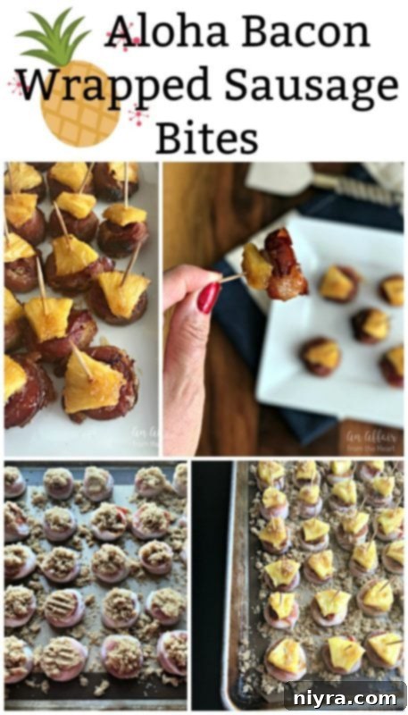 Close-up of Aloha Bacon Wrapped Sausage Bites with a tropical flair, perfect for parties.