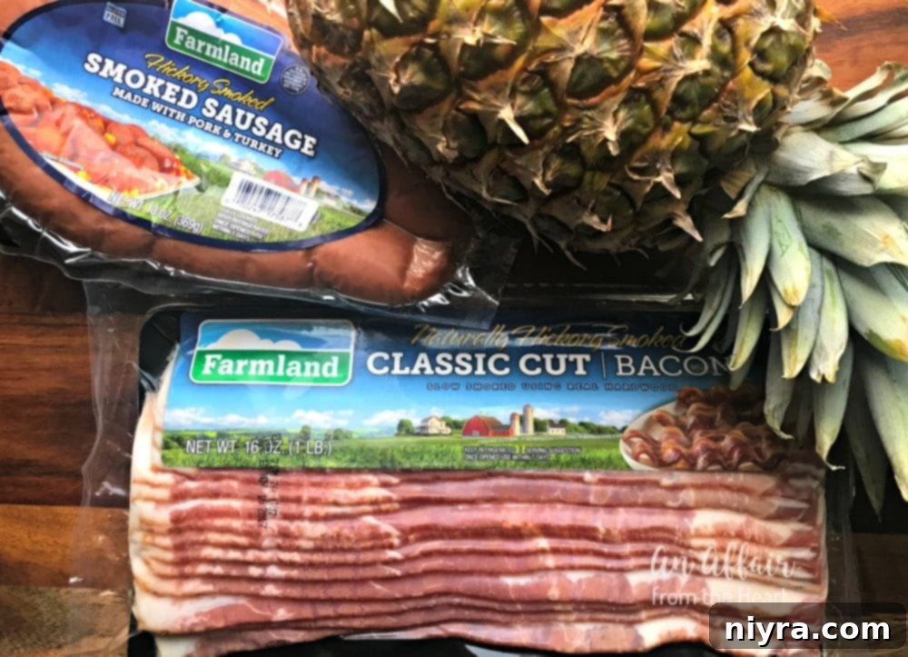 Farmland bacon and sausage, alongside pineapple and brown sugar, the essential ingredients for Aloha Bacon Wrapped Sausage Bites.