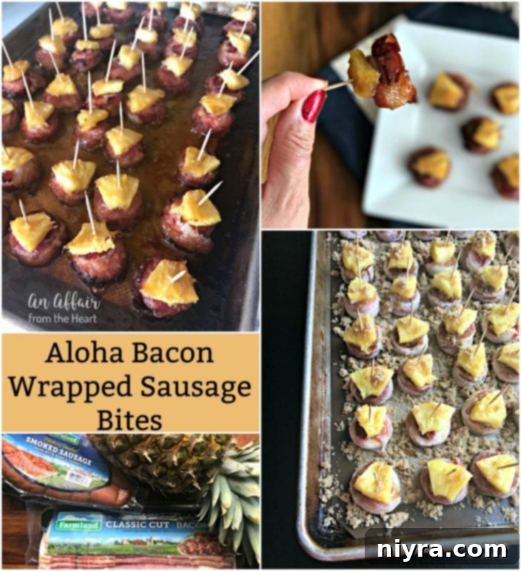 Finished Aloha Bacon Wrapped Sausage Bites on a wire rack, glistening and ready to serve.