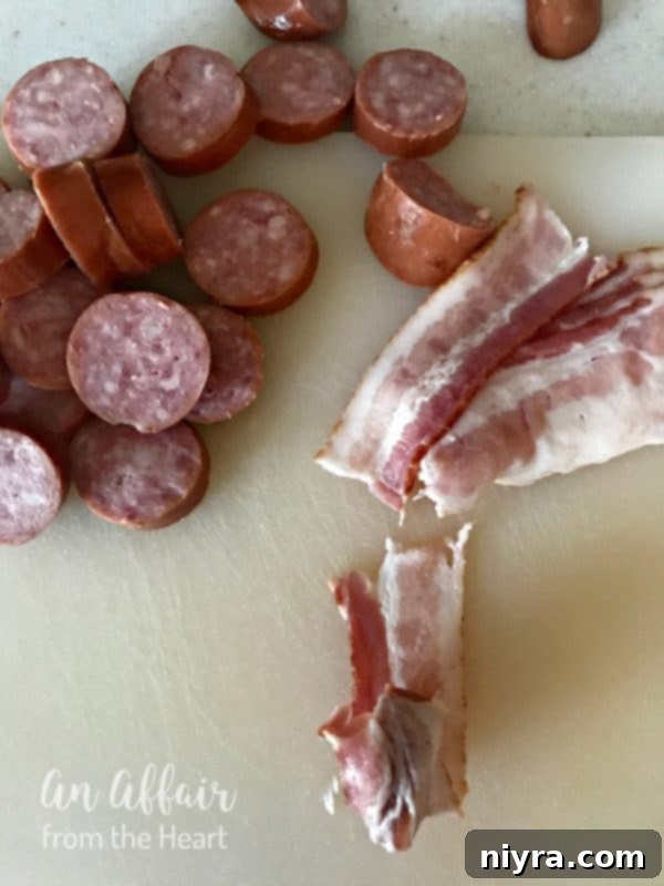Prepping the Farmland Smoked Sausage and bacon slices for the appetizer.