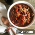 overhead of Oktoberfest Chili in a white bowl
