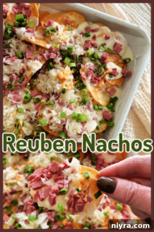 Reuben's Tangy Nacho Tower 12 Reuben Nachos plated on a black surface