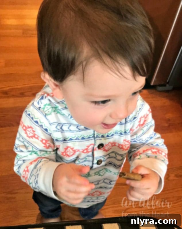 A young boy, Hunter, with a heartwarming smile, holding a spice cookie – the official cookie tester.