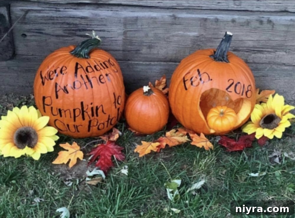 Three pumpkins, creatively decorated to announce a new baby – 'Big Brother' and 'Little Brother' or 'Sister'.