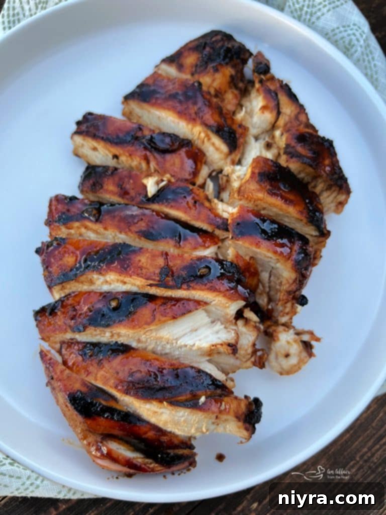 Close-up of perfectly grilled Sweet and Smoky Chicken breasts with visible char marks.