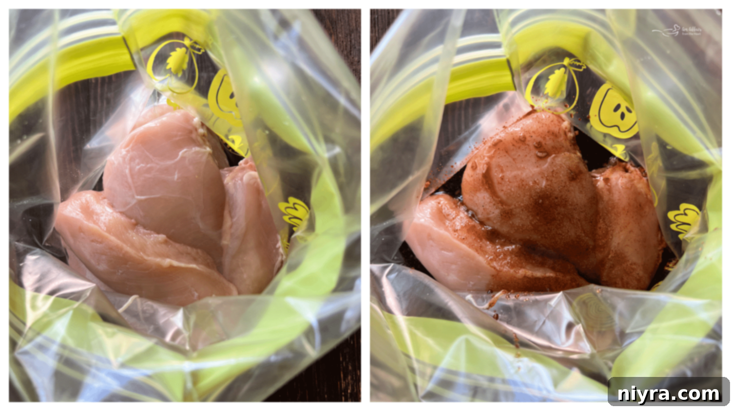Raw chicken breasts being placed into a gallon-sized Ziploc bag for marinating.