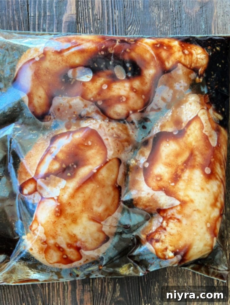 A Ziploc bag filled with chicken and marinade being massaged to ensure even coating.
