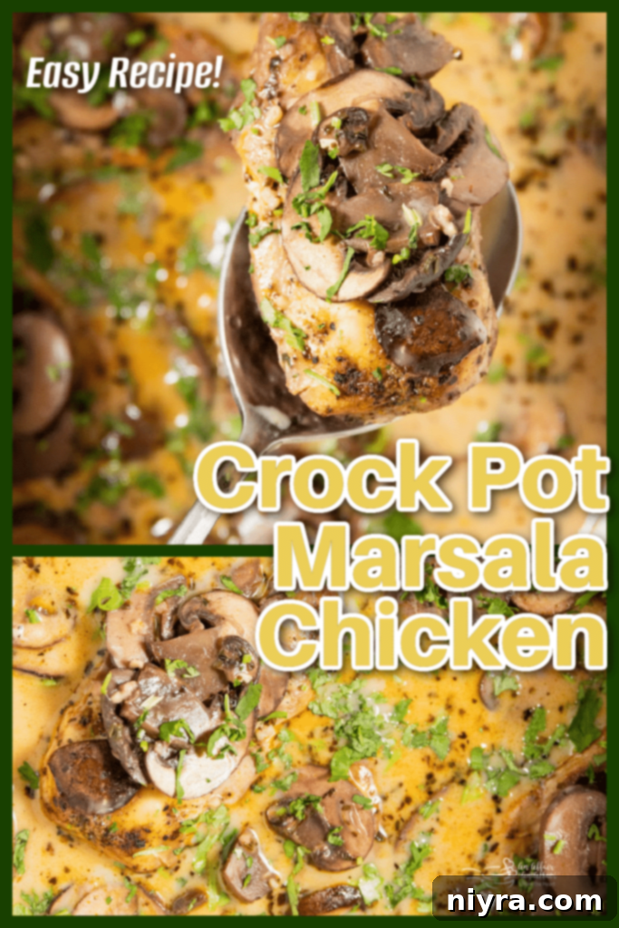Easy Slow Cooker Chicken Marsala 13 Overhead view of a finished plate of Crock Pot Chicken Marsala with parsley garnish.