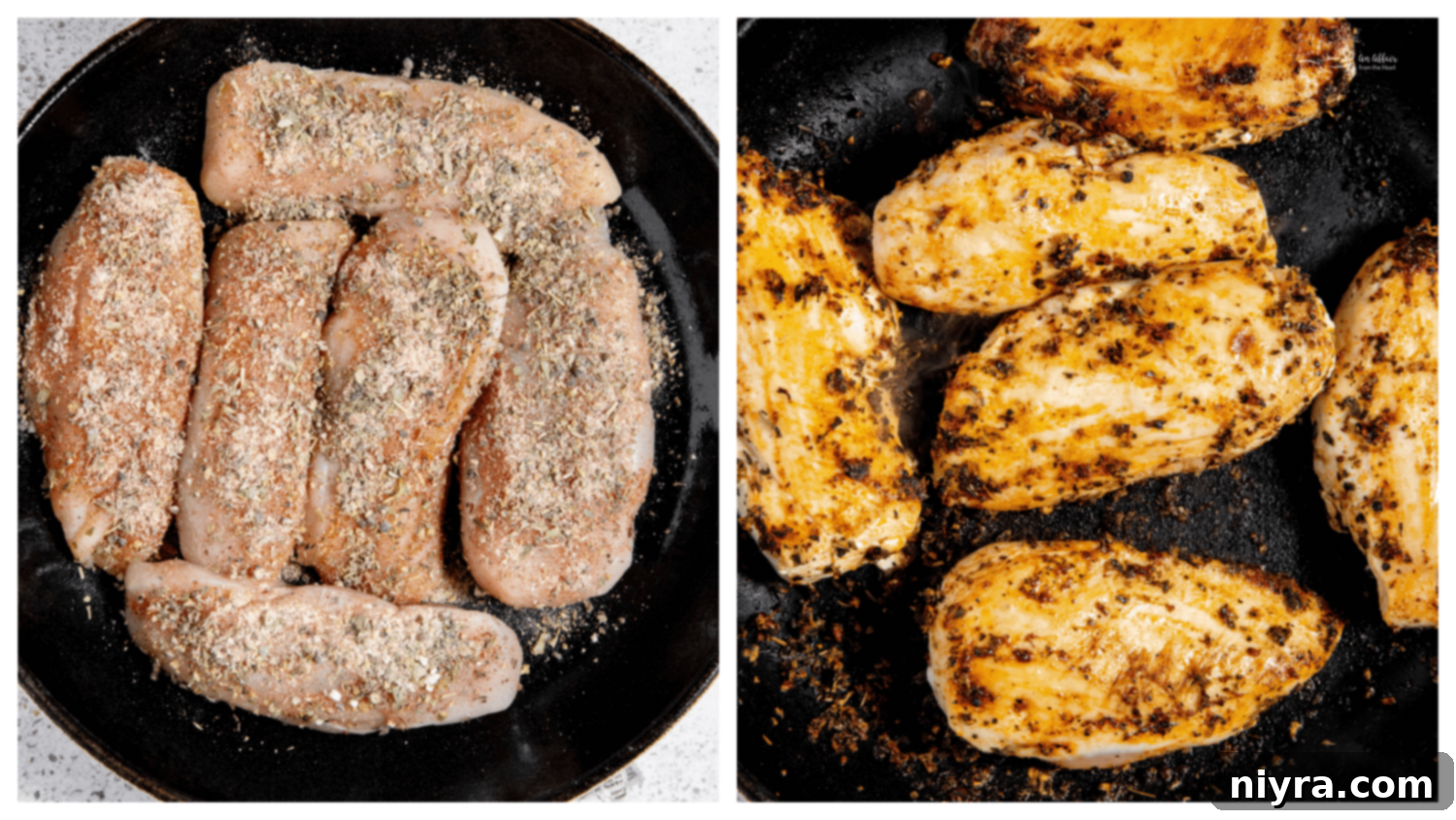 Easy Slow Cooker Chicken Marsala 7 Chicken breasts searing in a hot skillet with olive oil until golden brown.