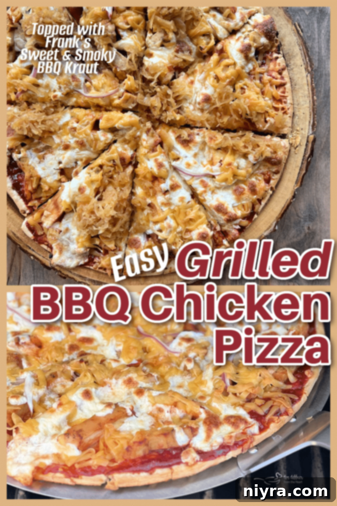 A vibrant hero shot of the Grilled BBQ Chicken Pizza with Kraut on a serving board.