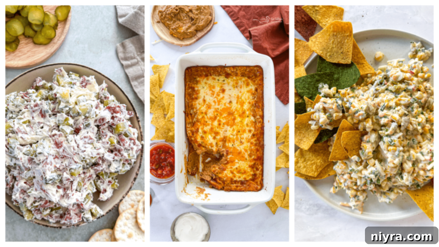 A selection of three highly popular dip recipes arranged artfully, showcasing their inviting textures and colors.