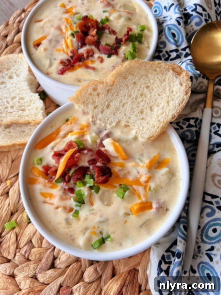 A steaming bowl of creamy bacon soup garnished with fresh herbs and a slice of crusty bread.