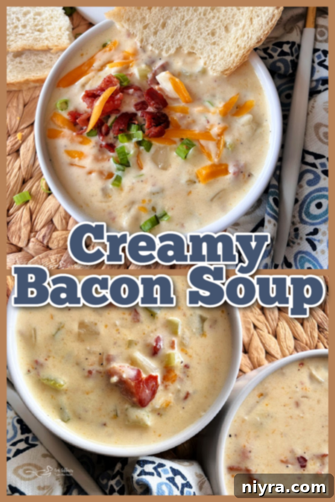 A close-up of a rustic bowl of creamy bacon soup with bread, emphasizing its warmth and inviting texture.