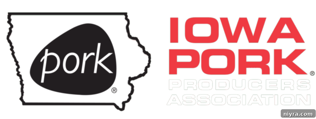 A banner image showcasing Iowa Pork's social media channels and website for more recipes.