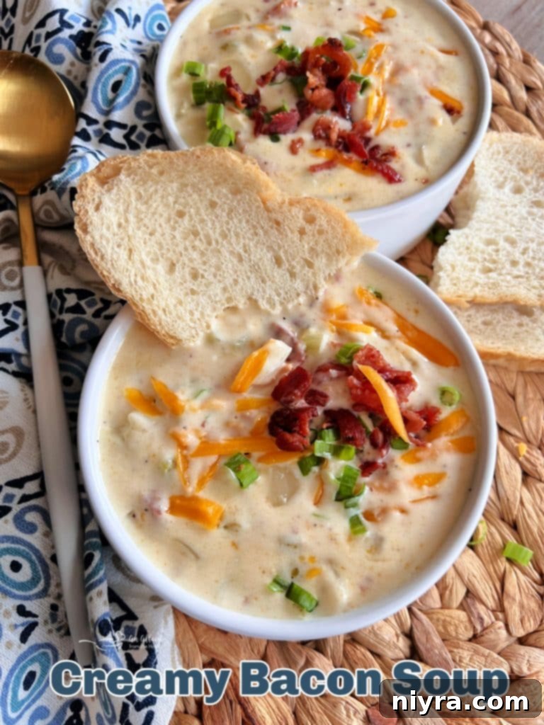 The hero image for the creamy bacon soup recipe, showcasing a large, inviting bowl of the soup.