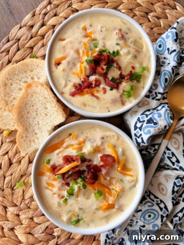 A beautifully presented bowl of creamy bacon soup on a wooden table, ready to be enjoyed.
