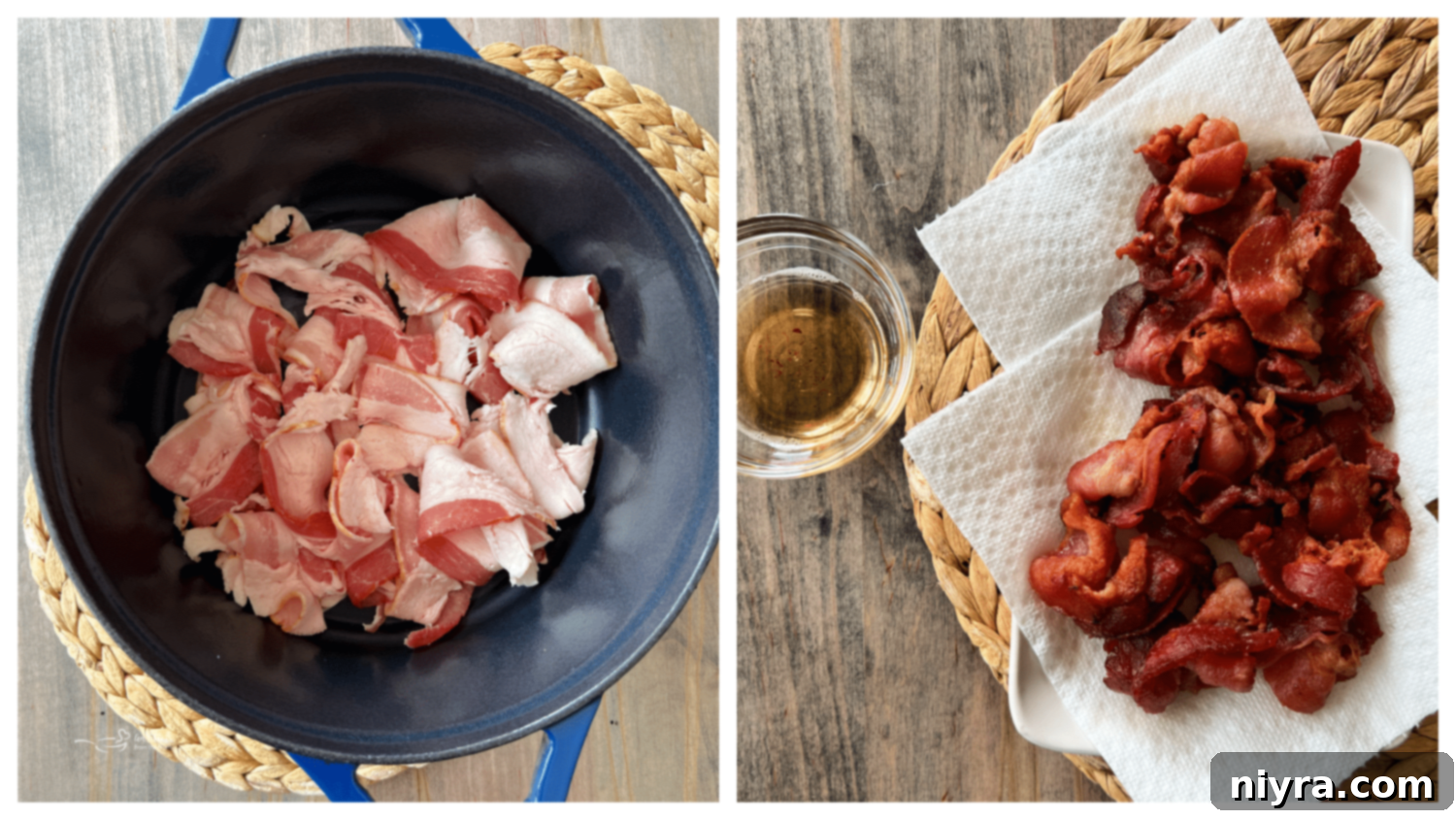 A visual step demonstrating bacon cooking in a Dutch oven until crispy.