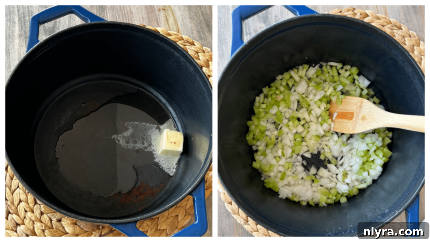 A visual step showing excess bacon grease being drained from a Dutch oven, leaving a small amount for cooking.