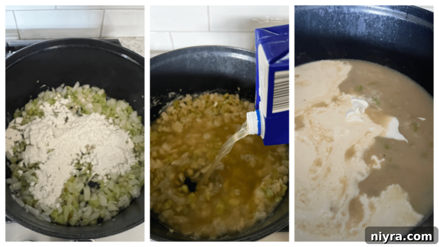 A visual step illustrating diced onions, celery, and minced garlic sautéing in bacon grease and butter.