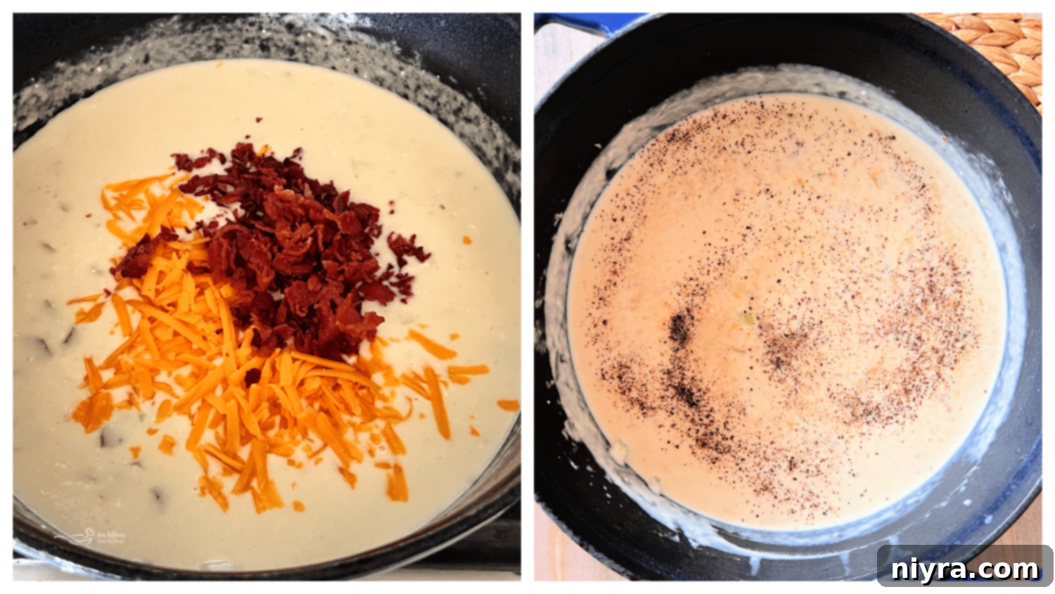 A visual step showing shredded cheddar cheese being stirred into the creamy soup base.