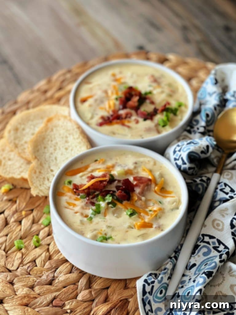 A visual step showing crumbled crispy bacon being folded into the finished creamy soup.