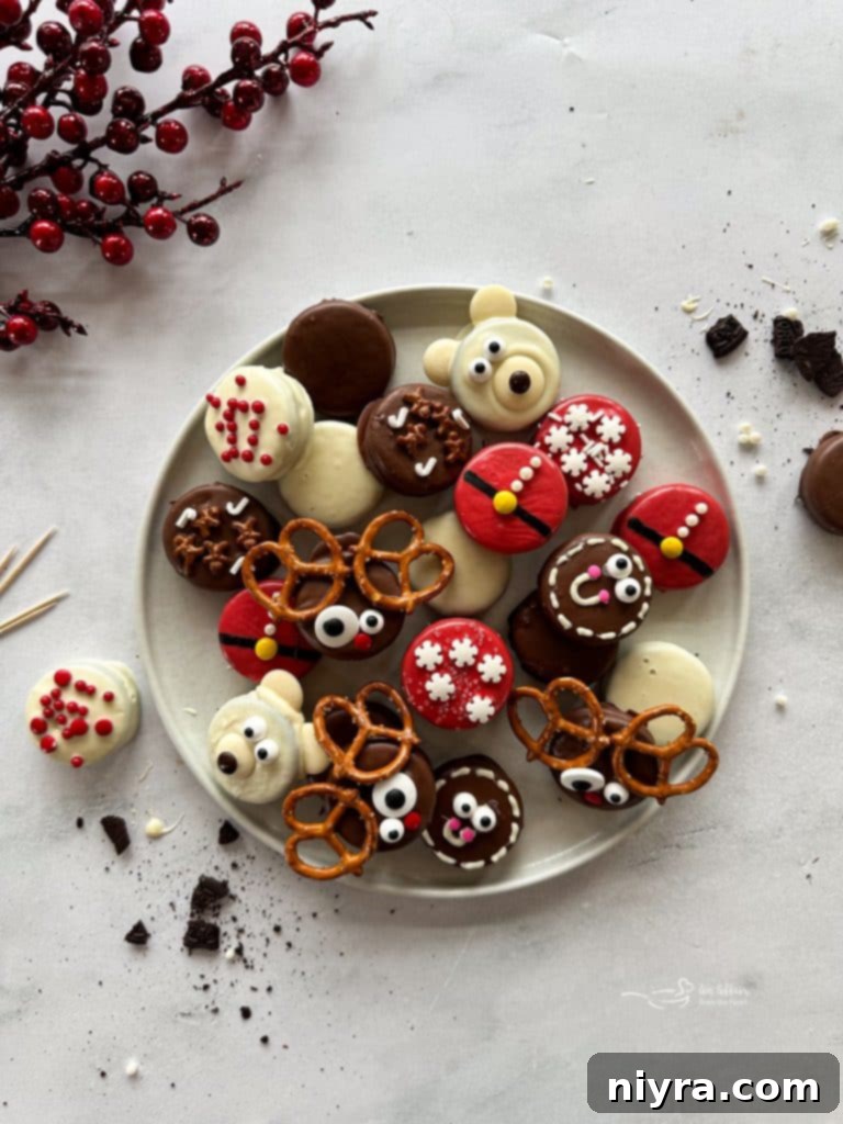 Collection of festive Christmas Oreos, including reindeer, polar bear, and Santa designs, arranged on a white plate with holiday decorations.