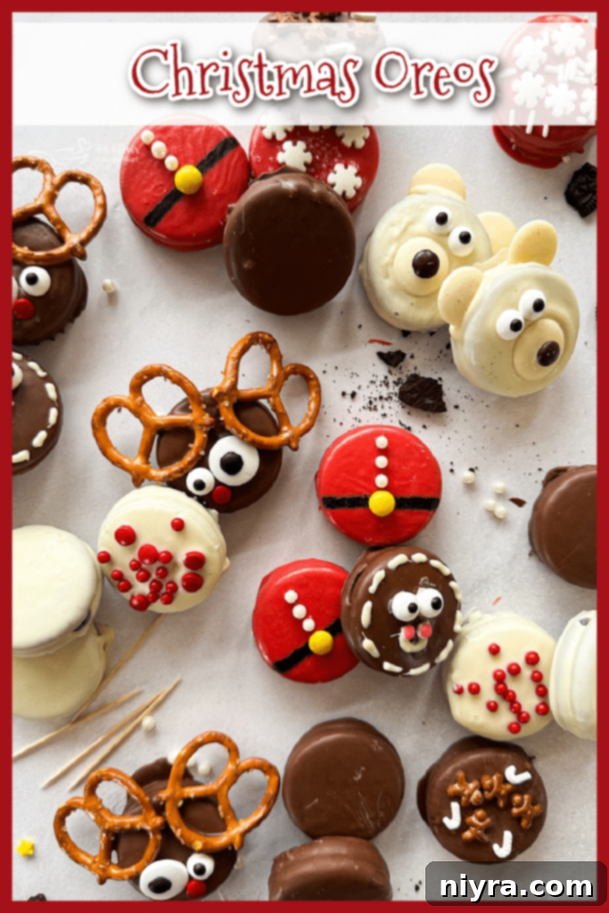 A festive display of various Christmas-themed dipped Oreos on a white plate, ready for serving during the holidays.