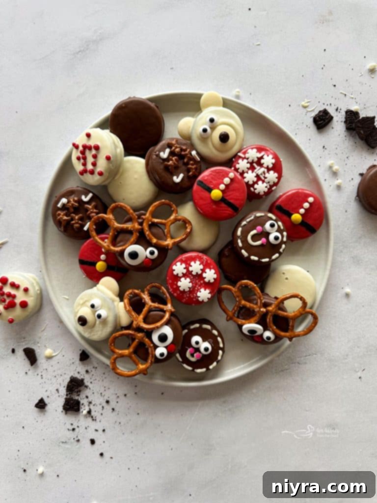 Assortment of decorated Christmas Oreos on a wooden surface, featuring a reindeer, a polar bear, and a Santa suit design.