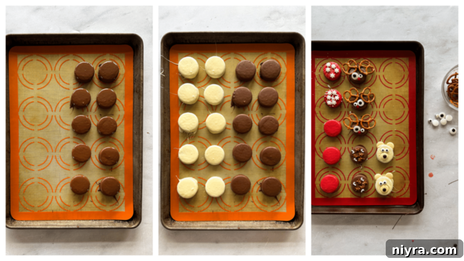 Close-up of melted chocolate in a bowl, ready for dipping, with several Oreos nearby on a white surface.