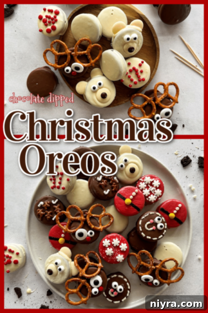A mix of Christmas-themed dipped Oreos on a white plate, including designs like reindeer, polar bears, and Santa suits, with festive decorations in the background.