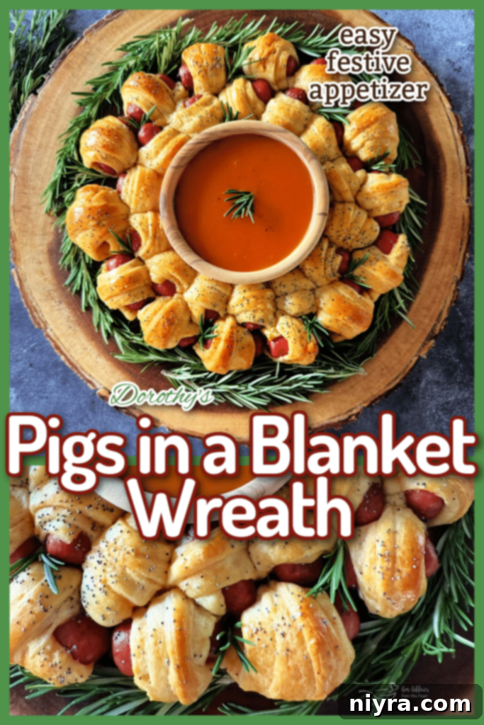 Pigs in a Blanket Wreath displayed on a white serving stand, garnished with fresh rosemary, ready for a festive occasion.