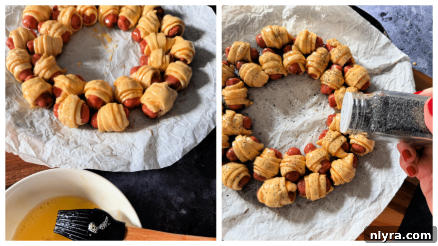 Step 3: Arranging the wrapped sausages in a wreath shape on parchment paper, with a bowl in the center to guide the shape.
