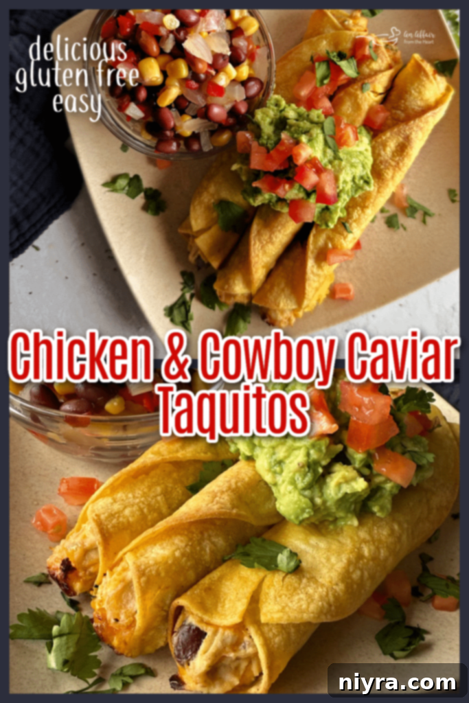 Platter of Chicken and Cowboy Caviar Taquitos with dip, perfect for sharing